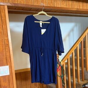 NWT Maxine of Hollywood Navy V-Neck Drawstring Tunic / Cover Up